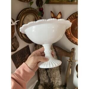 Vintage Milk Glass Compote With Beaded Scalloped Edge Milk Glass Bowl